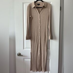 Theory Size L Knit Midi Button-Down Ribbed Collared Dress